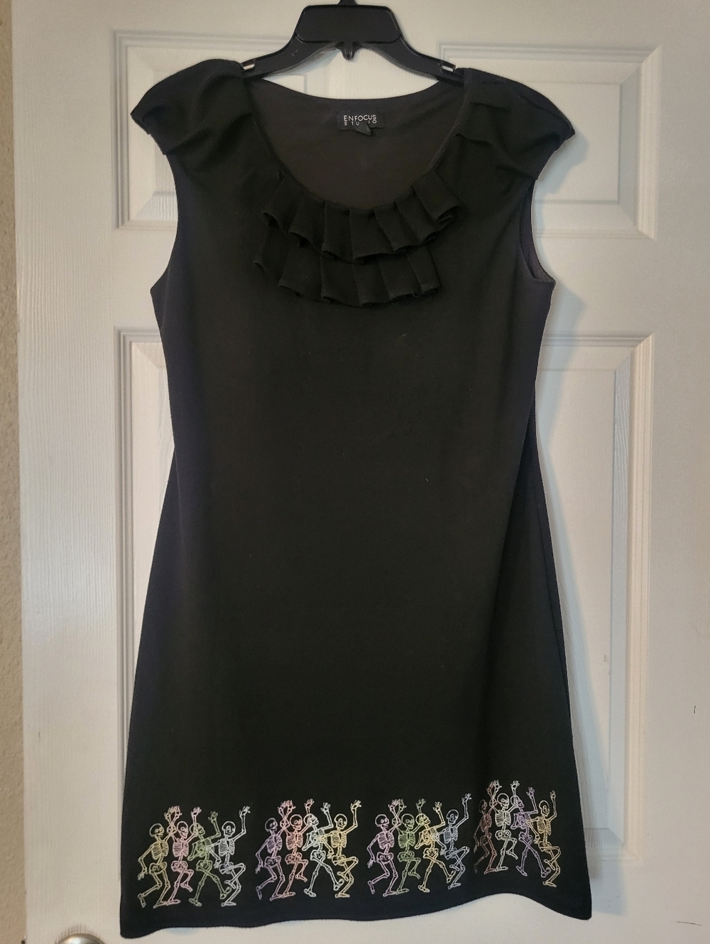 Enfocus Black Ruffle Neckline Shift Dress with Colorful Dancing Skeletons Border